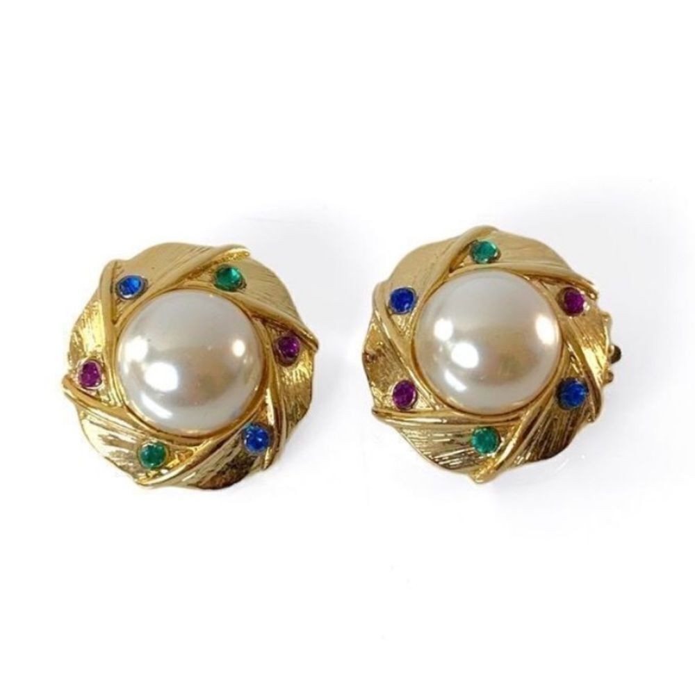 Vintage Weiss Gold Pearl Rhinestone Clip Earrings